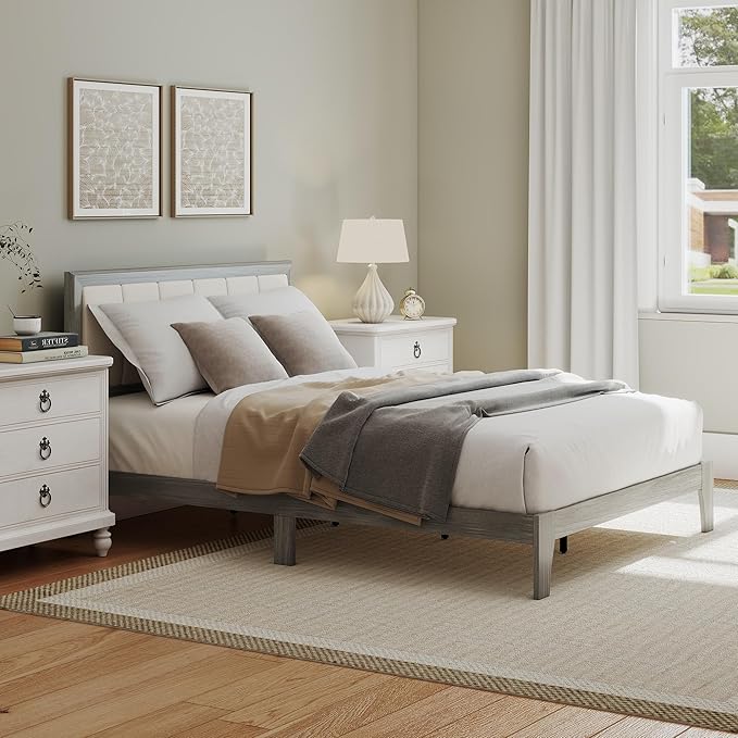 HOMCOM Full Size Bed Frame with Upholstered Headboard, Platform Bed Frame with Wooden Slats, No Box Spring Needed, Easy Assembly, Gray