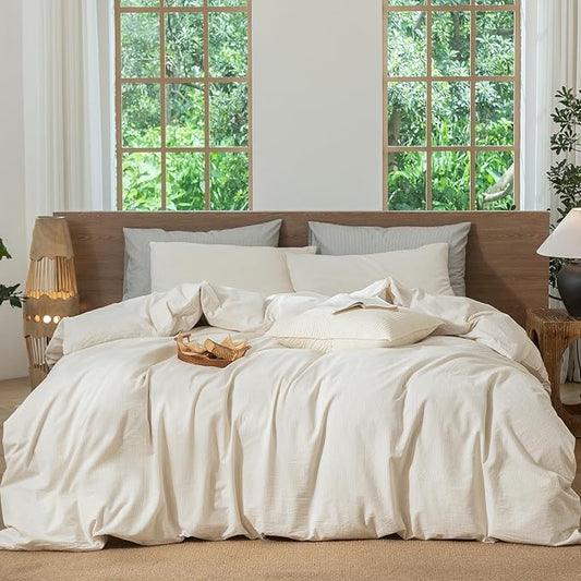 MooMee Striped Duvet Cover Set 100% Washed Cotton Linen Like Textured Breathable Durable Soft Comfy (Almond Milk Grey Pinstripes, Oversized Full 82"x86")