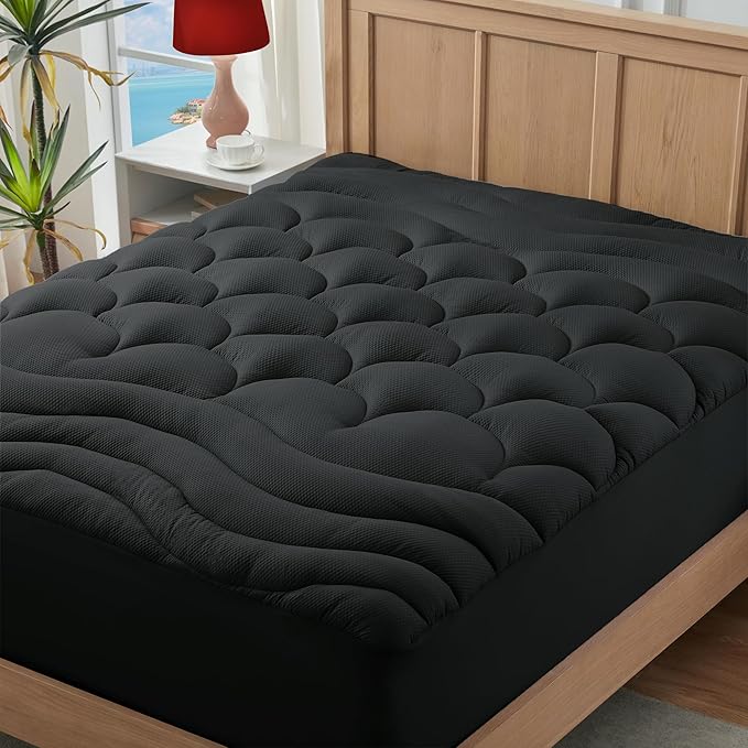 ELVEN HOME Queen Mattress Pad for Back & Hip Pain Relief, Pillow Top Cooling Bed Topper Quilted Fitted, Hotel Quality Deep Pocket Soft Queen Mattress Protector Cover Washable (60x80 inch, Black)