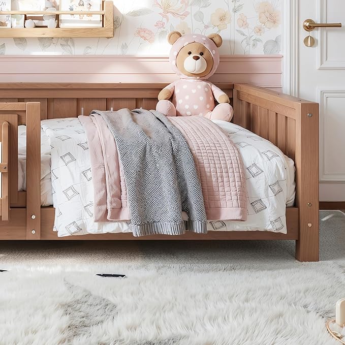 Bellemave Twin Size Kids Montessori Bed with Bookshelf,Solid Wood Twin Floor Bed Frame with Fence and Slats for Girls Boys,Low-Profile,Dark Natural
