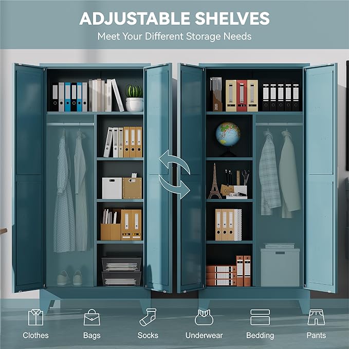 Baborokic 71" Armoire Wardrobe Closet with Hanging Rod,Metal Wardrobe Cabinet with Adjustable Shelves and Doors,Farmhouse Office Cabinets for Bedroom,Office,Laundry,Employee(Blue)