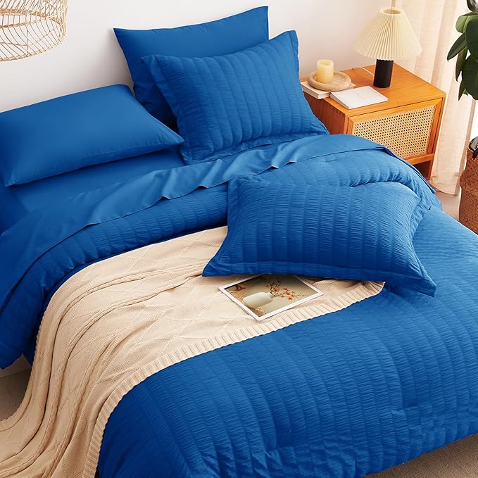 CozyLux Queen Comforter Set Classic Blue Seersucker 7 Pieces Bed in a Bag Queen Comforter Set with Sheets, Luxury Bedding Set with Down Alternative Comforter, Sheets, Pillowcases & Shams All Seasons