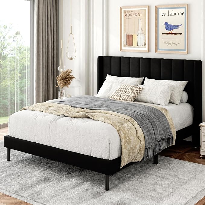 Gruwans Full Size Bed Frame with Upholstered Wingback Headboard, Easy Assemnly Platform Bed, Wooden Slat Support No Box Spring Needed, Black