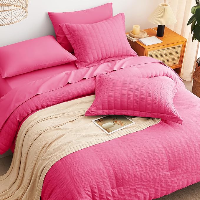 CozyLux Full Size Comforter Sets with Sheets 7 Pieces, Hot Pink Seersucker Bed in a Bag Textured Luxury Soft Bedding Set with Down Alternative Comforter, Sheets, Pillowcases & Shams for All Season