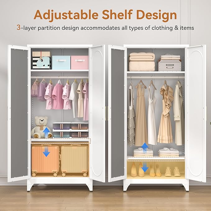 Polup Metal Armoire Wardrobe Closet with Mirror, 71" Tall Steel Clothing Storage Cabinet with Doors, Hanging Rod and Adjustable Shelves, Freestanding Clothes Organizer for Bedroom, Office, White