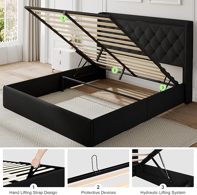 Feonase Lift Up Storage Bed Frame with Charging Station, Button Tufted Headboard Platform Bed Frame with Hydraulic Storage, Wooden Slat Support, No Box Spring Needed, Noise-Free (Black, Queen)
