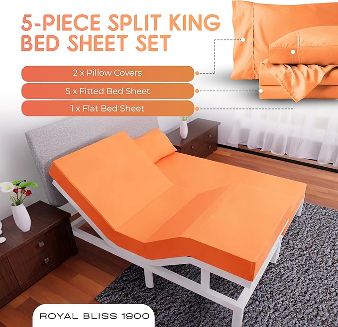 Split King Sheets Set with 2 Twin XL Fitted Sheet - 5 Piece Bedding - Wrinkle Free, Fade Resistant, Double Brushed Microfiber - Deep Pockets/Easy Fit (Peach)