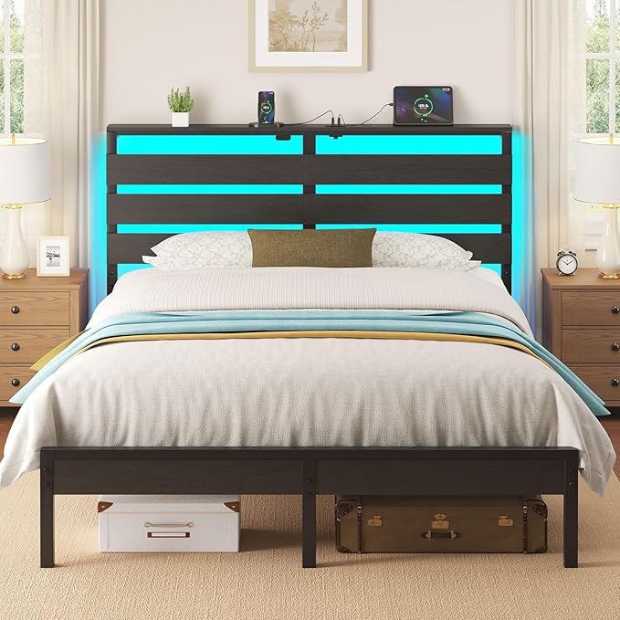 Rolanstar Bed Frame Queen Size with USB Charging Station, LED Bed Frame with Wood Storage Headboard, Black Metal Platform Bed with Under Bed Storage, No Box Spring Needed, Noise Free