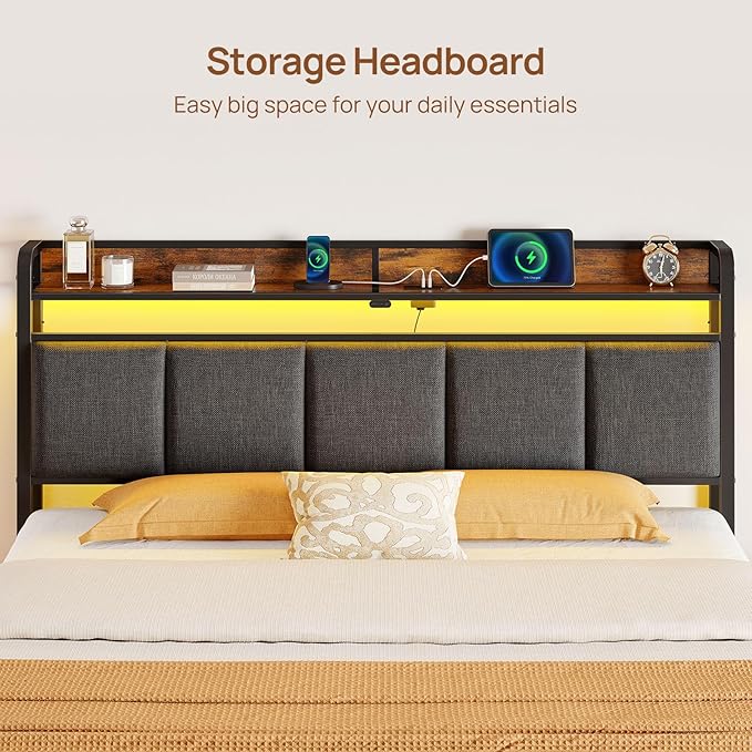 Rolanstar Bed Frame Queen Size with Charging Station and LED Lights, Upholstered Storage Headboard with Drawers, Heavy Duty Metal Slats, No Box Spring Needed, Easy Assembly, Rustic Brown