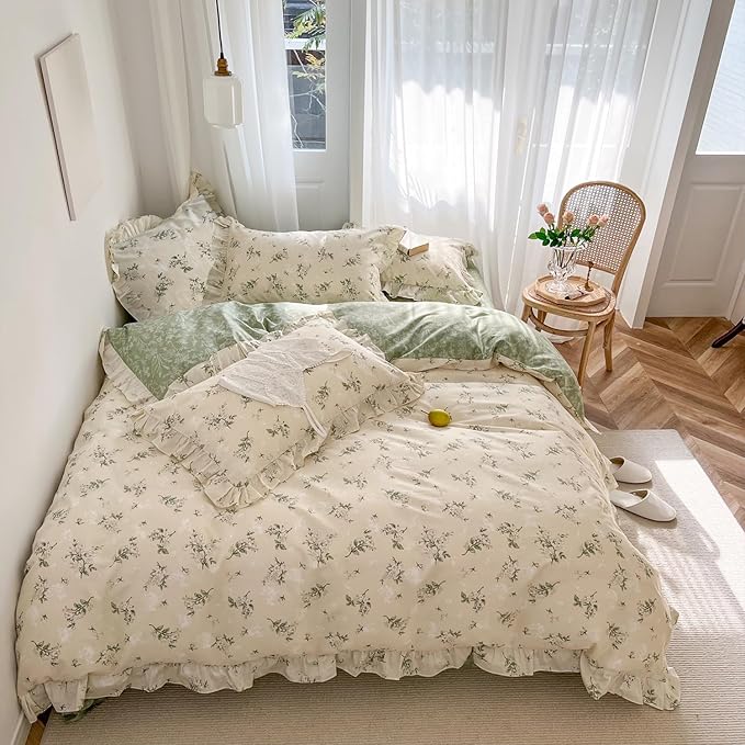 mixinni Reversible Sage Green Floral Duvet Cover Set Twin Size - 100% Cotton Soft Botanical Bedding with Ruffle Lace, 3 Pieces Cute Aesthetic Cottagecore Antique Style Quilt Cover Set for Girls Women