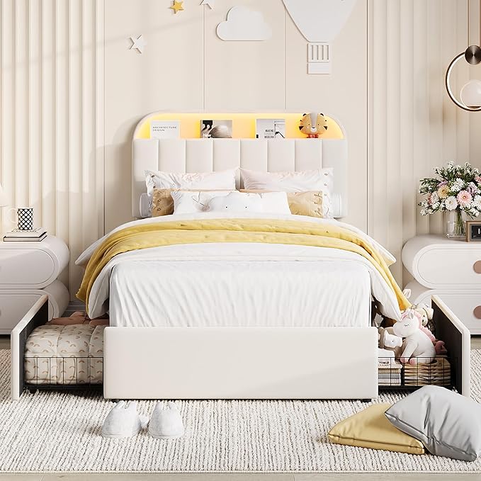 Garvee Twin XL Size Bed Frame with 2 Flexible Drawers, Velvet Upholstered Platform Bed Frame with Bookcase Headboard and LED Lights, Kids Bed for Girls, Easy Assembly, Noise Free, Beige