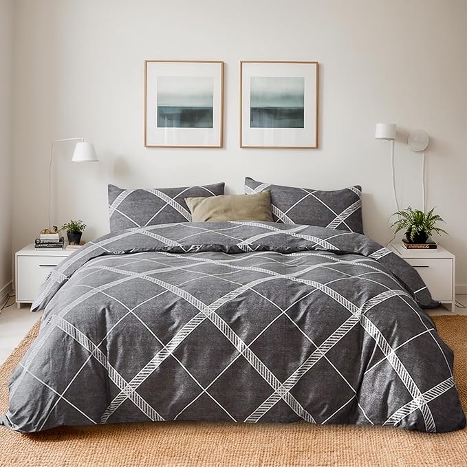 TOCOMOA Plaid Duvet Cover Set 100% Natural Cotton Soft Comfy Breathable 3 Piece Grey and White Striped Pattern Printed Comforter Cover Bedding Set (Queen 90"x90", Comforter Not Included)