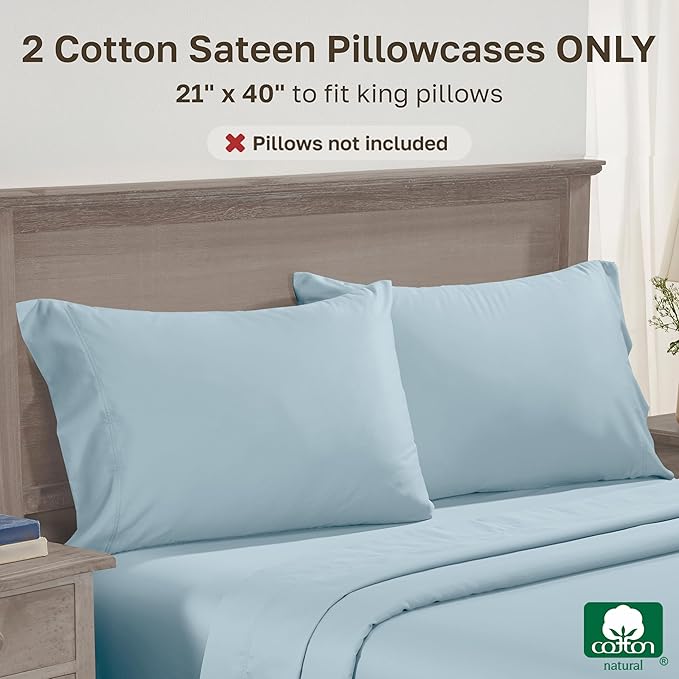 California Design Den Pillow Cases King Set of 2 - Premium 600 Thread Count, 100% Cotton Pillow Case King Size Set of 2, Breathable Sateen, Fits King Pillows - Sea Mist Blue