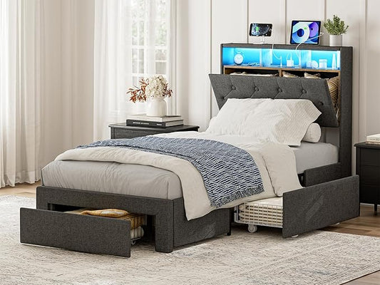 Twin XL Bed Frames with Storage Drawers, Hidden Storage Headboard with LED Lights & Charging Station, Upholstered Twin XL Platform Bed, No Box Spring Needed, Noise-Free, Dark Grey