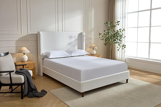 GDFStudio Tall Headboard Upholstered Bed,King Size Platform Bed Frame with Headboard Wingback,54" High No Box Spring Needed Easy Assembly Elegant Simplicity Cream White Chenille