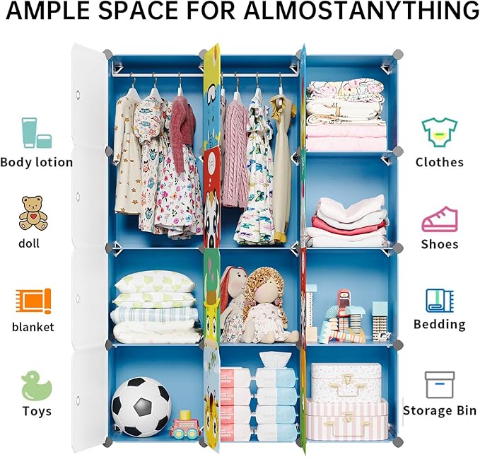 MAGINELS Kids Closet Organizers and Storage, 12 Cube Storage Organizer, Portable Closet Organizer Cubes Shelves for Clothes, Bedroom, Kids Room, Bathroom, Wardrobe, Garment Racks,Cube(14x14inch)