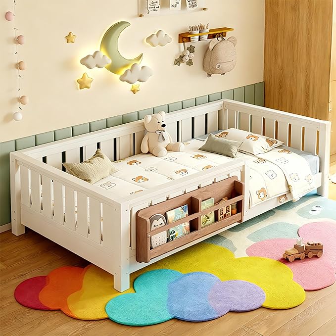 Bellemave Twin Floor Bed Frame with Fence & Bookshelf, Solid Pine Wood Twin Montessori Floor Bed with Slats Load 300LBS, Low Profile Floor Bed for Kids, Bedroom, Nursery, Easy Assembly, Beige