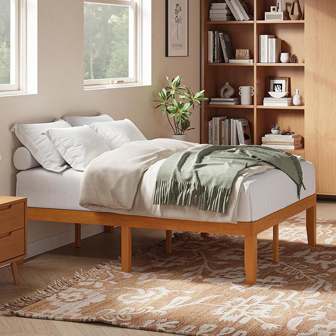 DUMOS Full Size Solid Wood Bed Frame 16 Inches, Sturdy Platform Bed with Heavy Duty Wood Slat Support, No Box Spring Needed, Easy Assembly, Natural Pine