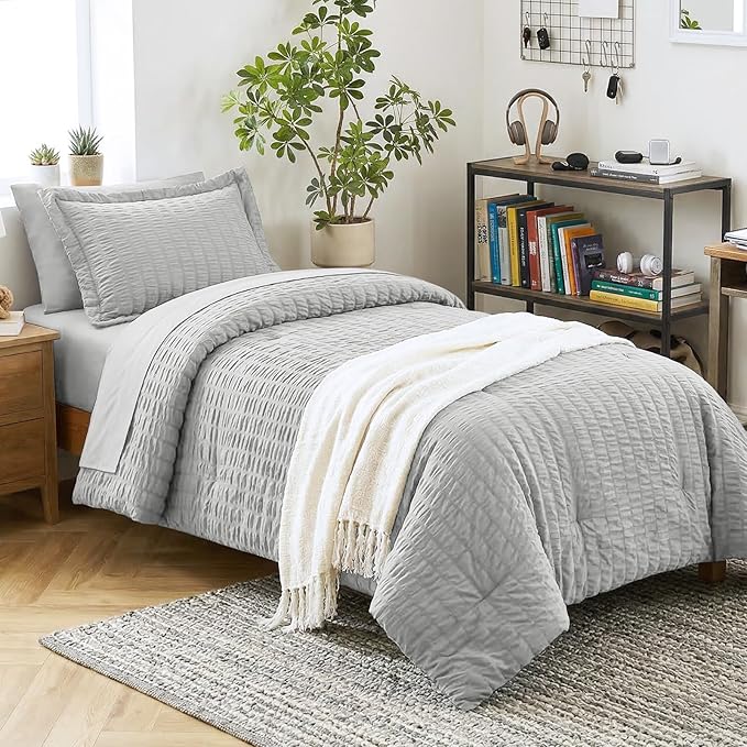 CozyLux Twin XL Comforter Set with Sheets Seersucker Light Grey 5 Pieces Bed in a Bag, Light Gray Twin Extra Long Bedding Sets College Dorm with Down Alternative Comforter, Sheets, Pillowcase & Sham