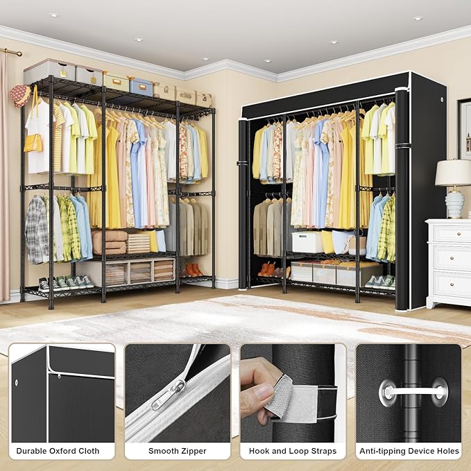 ULIFHOME E3C Heavy Duty Portable Closet Wardrobe with Fabric Cover, Freestanding Clothes Rack Holds up to 850 lbs, Metal Garment Rack Organizer for Clothing, 59.5" W x 16.5" D x 77.4" H, Black