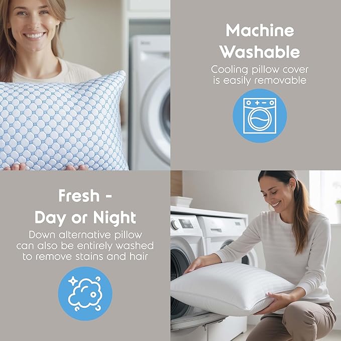 Nestl Cooling Memory Foam Pillow with Down Alternative Pillows Combo Set - Queen Size Set of 2, 1 Soft and 1 Firm, Adjustable for Side, Back, Stomach Sleepers, Breathable Washable Bed Cover, 20”x30”