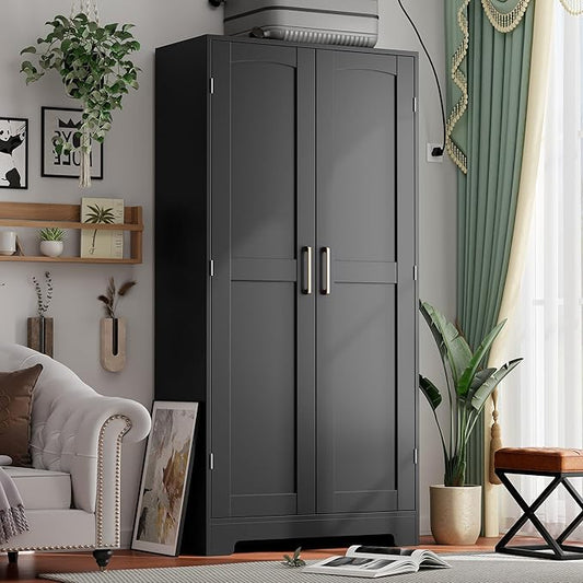 Wooden Armoire Wardrobe Closet, Wardrobe Cabinet with Door and Shelves, Freestanding Bedroom Armoires Clothing Storage Cabinet with Hanging Rod for Bedroom, Laundry Room, Cloak Room（Black）
