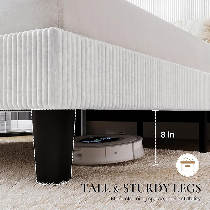 SHA CERLIN Queen Size Corduroy Upholstered Platform Bed Frame with Vertical Channel Tufted Wingback Headboard, 8" Under Bed Storage, Wooden Slats & Metal Frame Support, Easy Assembly, White