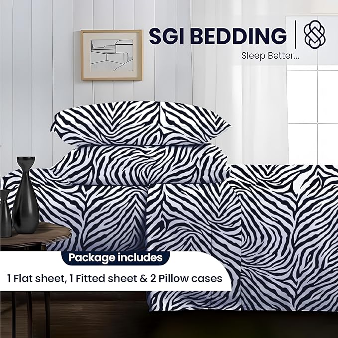 SGI bedding RV Short Queen Sheet Set 60x75, 600 TC Egyptian Cotton, 4 Piece Luxury Hotel Collection, Ultra Soft & Breathable, Fits RV Mattress Camper & Trailer, 15 Inch Pocket, Zebra Print