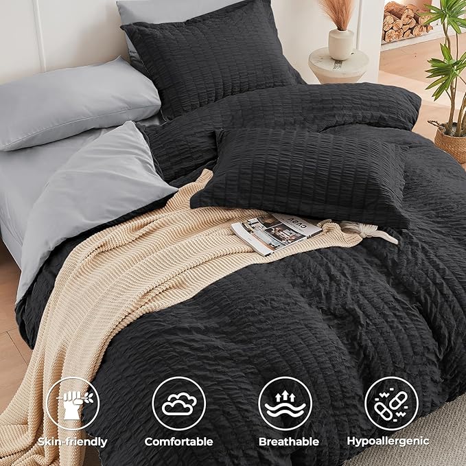 HYMOKEGE Black/Light Grey Full Size Comforter Sets Seersucker 7 Pieces, All Season Luxury Bed in a Bag for Bedroom, Bedding Set with Comforter, Sheets, Pillowcases & Shams