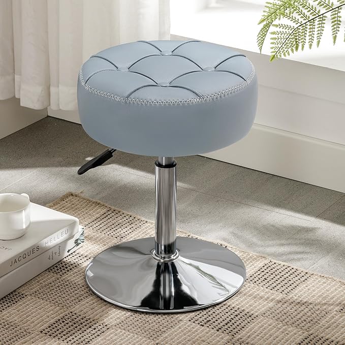 LUE BONA Height Adjustable Vanity Stool 15.8"-20.7", 360° Swivel Grayish Blue Faux Leather Chair, 300lb Capacity for Makeup Room, Bathroom