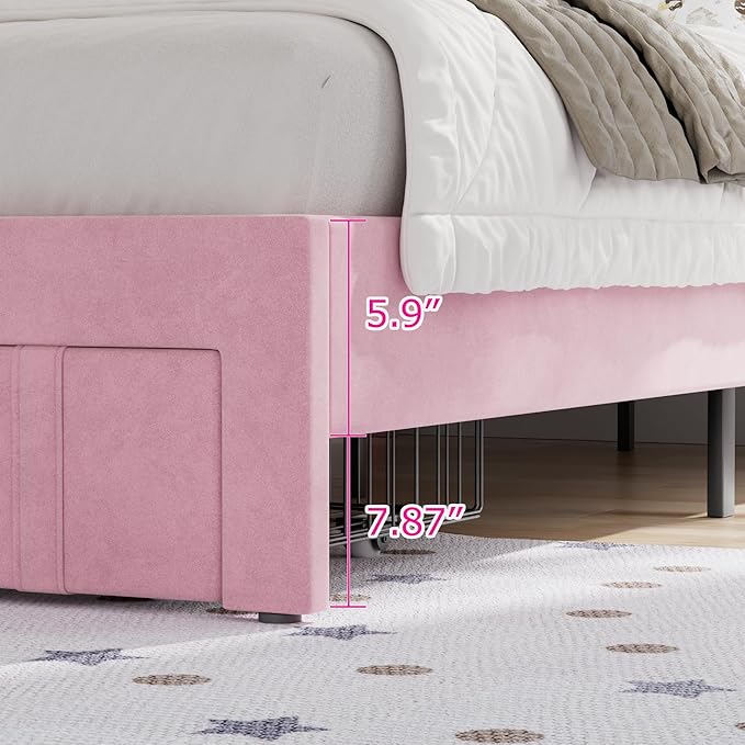 VECELO Twin Size Bed Frame with Storage Drawer, Heavy-Duty Bedframe with Tufted Headboard & Wooden Slats & Steel Framework, No Box Spring Needed, Pink