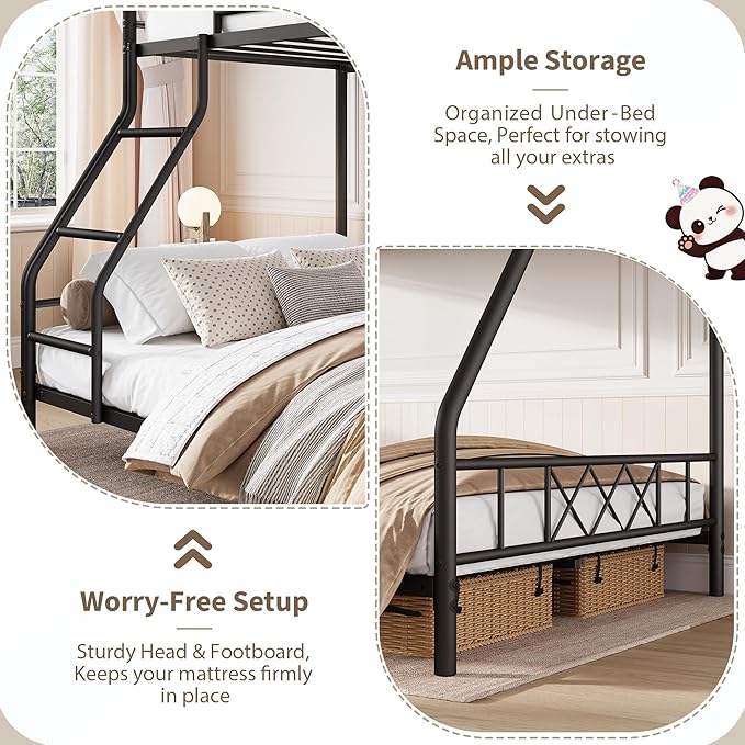Garvee Metal Bunk Bed Twin Over Full, Heavy Duty Frame with Ladder & Guardrails, Sturdy Metal Slats, No Box Spring Needed, Space Saving for Dorm, Bedroom, Apartment, Matte Black