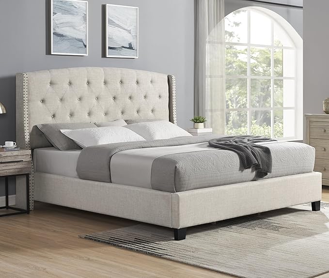 Roundhill Furniture Nantarre Fabric Tufted Wingback Upholstered Bed with Nailhead Trim, Queen, Tan