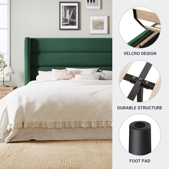 Allewie Queen Size Platform Bed Frame with Velvet Upholstered Wingback Headboard, No Box Spring Needed, Under Bed Storage Space, Strong Wooden Slats, Modern Mattress Foundation, Easy Assembly, Green