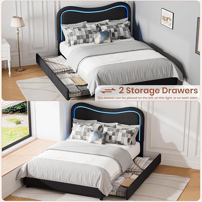 GarveeHome LED Full Size Bed Frame with 2 Drawers and Headboard, Cute Upholstered Bed with Storage, Sturdy Platform Bed, No Box Spring Needed, Wooden Slats, Noise Free, Black