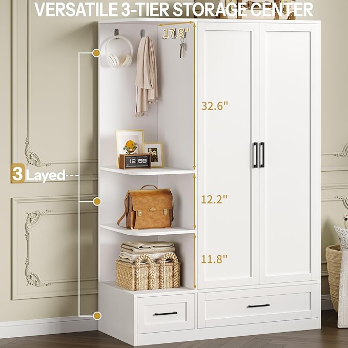DynJest Armoire Wardrobe Closet with 2 Drawers, 70" Tall Clothing Storage Cabinet with Hanging Rod, 3 Open Shelves & 5 Hooks, 2 Doors Large Capacity Wooden Cabinet for Bedroom, White