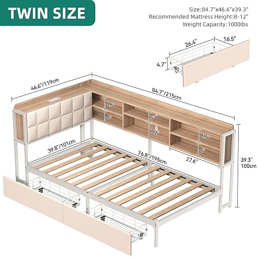 Twin Corner Bed Frame with Storage Drawers and Bookcase & Flip-up Storage Headboard, Twin Size Platform Corner Bed Frame with Charging Station and LED Lights, Twin Daybed for Dorm or Guests, Beige