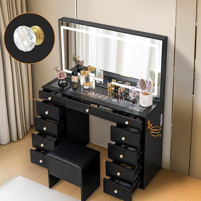 11 Drawers Glass Top Vanity Desk with Chair, Crystal Handles Makeup Vanity with Mirror and Lights, Dressing Table with Power Outlet, Adjustable Lighting Modes, Black