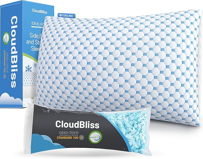 CloudBliss Shredded Memory Foam Pillow for Sleeping - Adjustable Cooling Pillow with Breathable Washable Cover, CertiPUR-US Certified, 1 Pack Queen Size for Side/Back/Stomach Sleepers