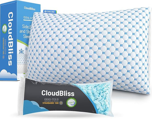CloudBliss Shredded Memory Foam Pillow for Sleeping - Adjustable Cooling Pillow with Breathable Washable Cover, CertiPUR-US Certified, 1 Pack Queen Size for Side/Back/Stomach Sleepers