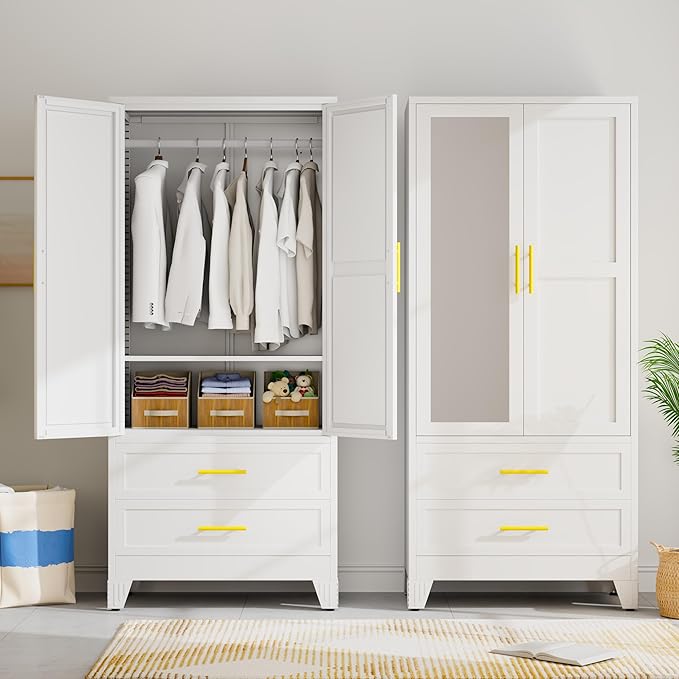 Metal Wardrobe Storage Cabinet with Mirror and Hanging Rod,71'' Metal Clothing Cabinet with 2 Doors and 2 Drawers and Adjustable Shelves for Bedroom, Laundry Room, Cloak Room (White)