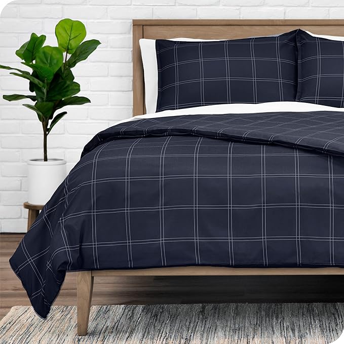 Bare Home Bedding Duvet Cover Full Size - Premium 1800 Super Soft & Lightweight Duvet Cover - Soft Breathable Bedding (Full, Modern Plaid - Midnight Blue/White)