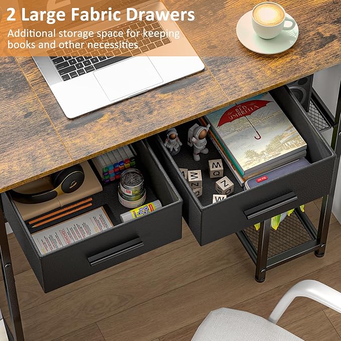 DAOUTIME Computer Desk with Drawers, 37.3 Inch Home Office Work Desk with Storage Shelf, Kids Teens Study Table for Small Space, Small Writing PC Table for Bedroom Makeup Vanity Desk, Brown