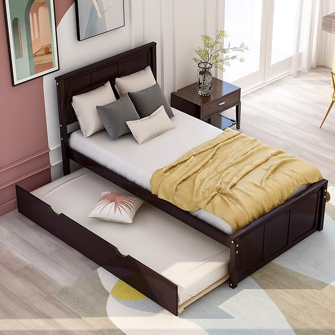 Ball & Cast Twin Bed Frames,Dyabed Platform Bed W/Pull Out Trundle Bed,Trundle can be Placed on Either Side of The Bed,for Bedroom,Guest Room,Apartment,Espresso