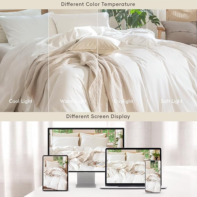 MooMee Bedding Duvet Cover Set 100% Washed Cotton Linen Like Textured Breathable Durable Soft Comfy (Solid Off White, Cal King 104"x98")