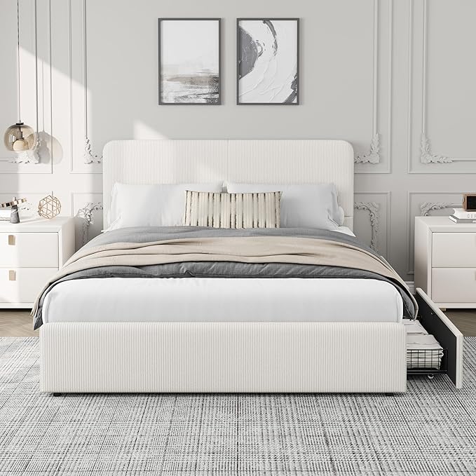 GarveeHome Modern Upholstered Platform Bed Frame with Headboard and Storage Drawers – Strong Wood Slats, Noise-Free, No Box Spring Needed, Easy Assembly – Full Size, Corduroy Neutral-White Tone
