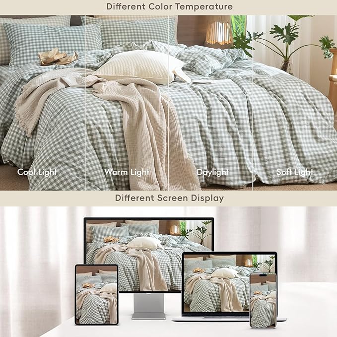 MooMee Gingham Duvet Cover Set 100% Washed Cotton Linen Like Textured Breathable Durable Soft Comfy Modern Checkered Design (Sage Green Gingham, Twin 68"x90")