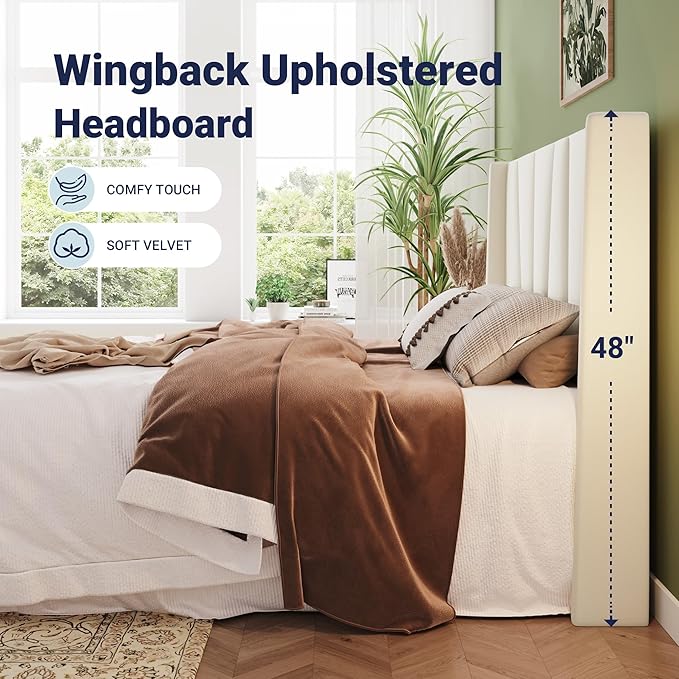 Allewie King Size Platform Velvet Bed Frame with Geometric Wingback Headboard, Boho Upholstered Bed with Wooden Slats Support, No Box Spring Needed, Easy Assembly, Cream