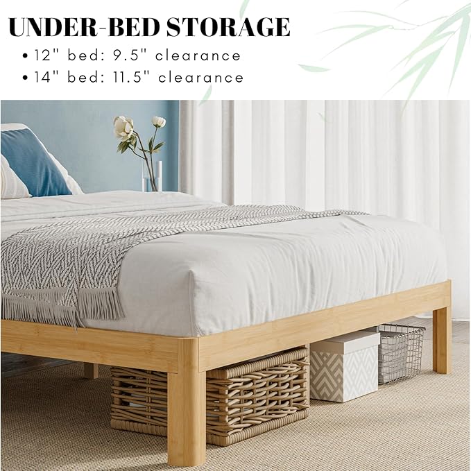 12 Inch High Bamboo Wood Queen Bed Frame, Steel Slats Support Queen Size Bed Frame, Solid Foundation, Noise Free, No Box Spring Needed, Easy Assembly
