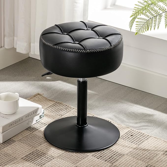 LUE BONA Adjustable Vanity Stool 15.8"-20.7", 360° Swivel Faux Leather Chair, 300lbs Capacity for Makeup Room, Bathroom, Living Room, Black